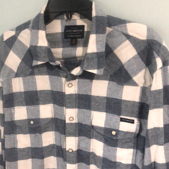 Lucky Brand Blue Cream Men’s Flannel Saturday Stretch - Picture 2 of 4